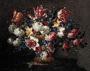 Juan de Arellano roses and other flowers in a wicker basket on a ledge France oil painting artist